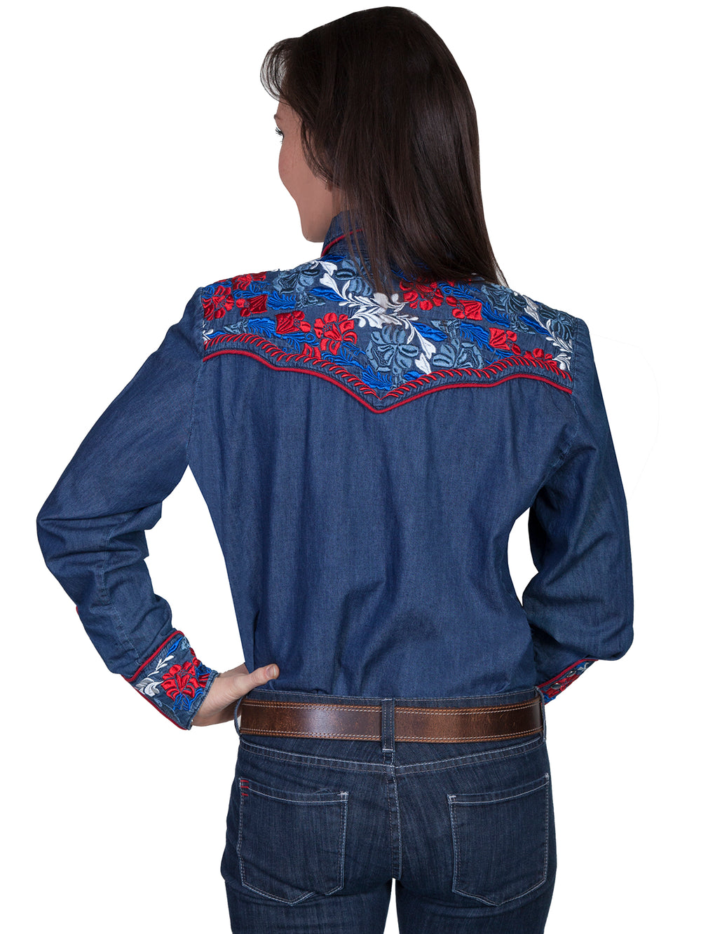 Scully Leather Denim Colorful Floral Tooled Emb. Shirt