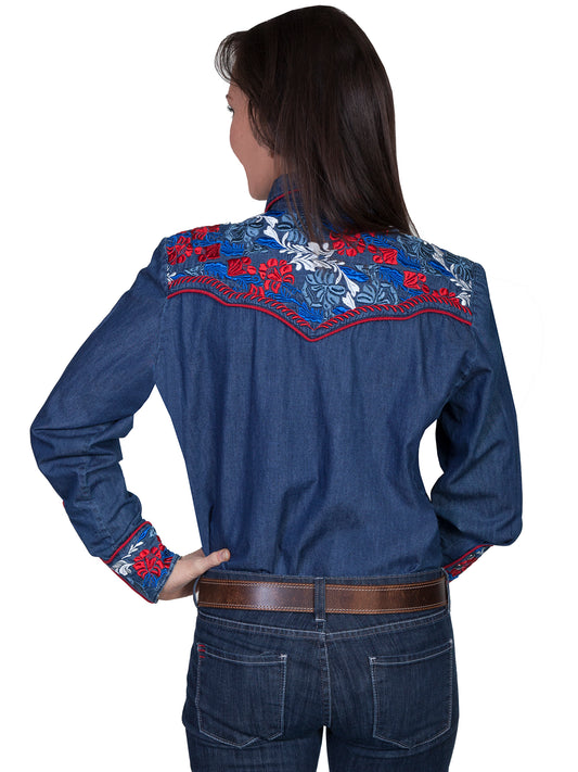 Scully Leather Denim Colorful Floral Tooled Emb. Shirt