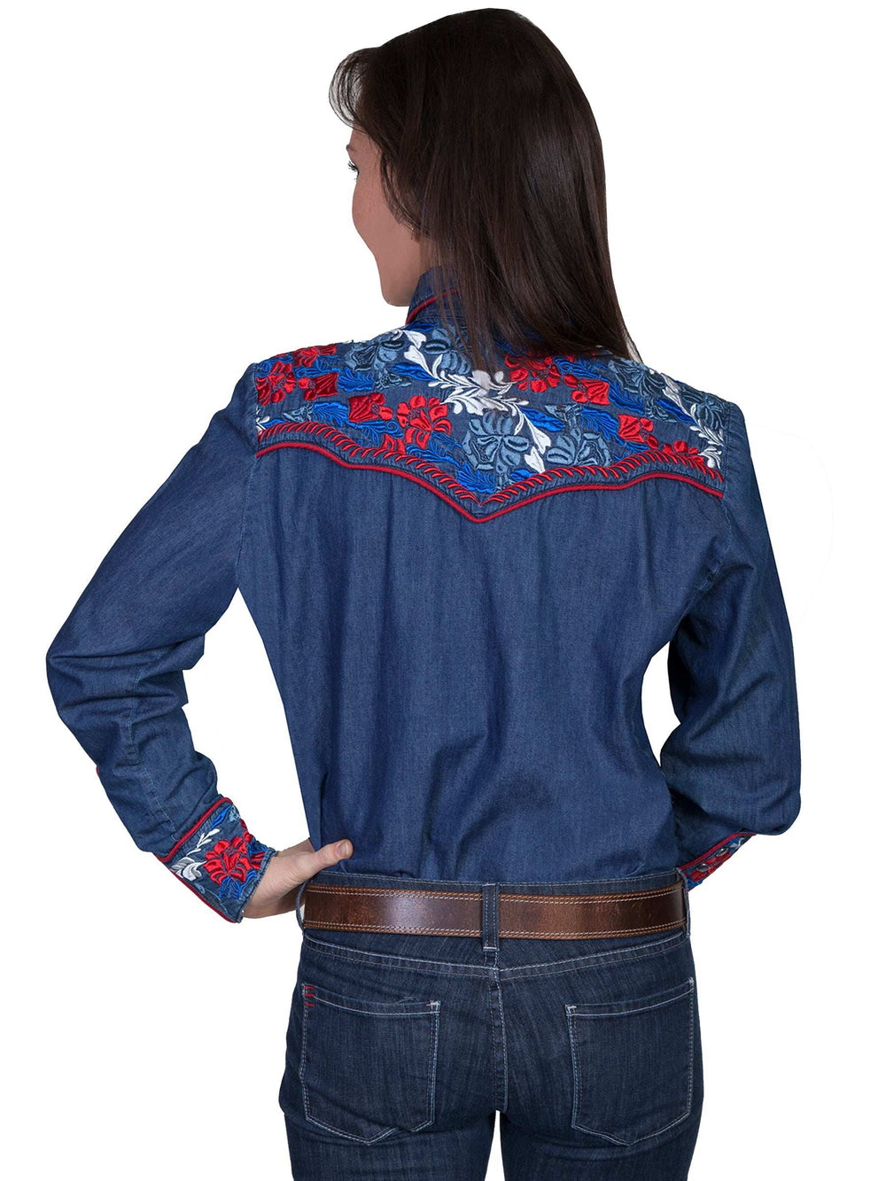 Scully Leather Denim Colorful Floral Tooled Emb. Shirt