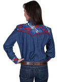 Scully Leather Denim Colorful Floral Tooled Emb. Shirt
