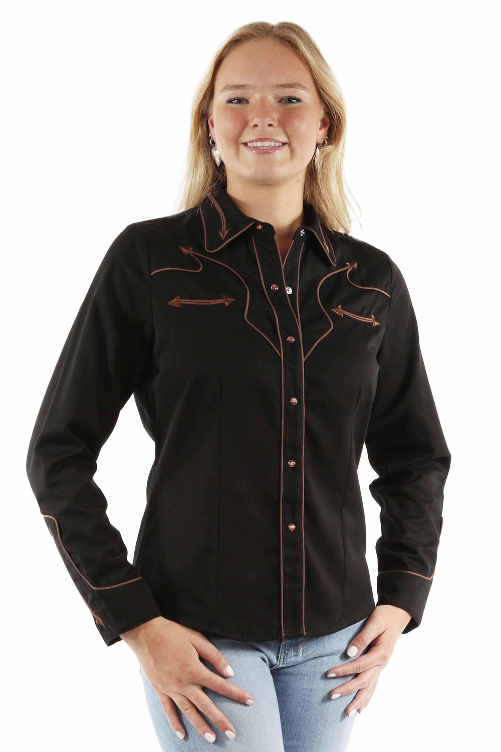 Western Scully 65% polyester 35% rayon Black Solid blouse w/piping & arrow tips - Scully Leather - Flyclothing LLC