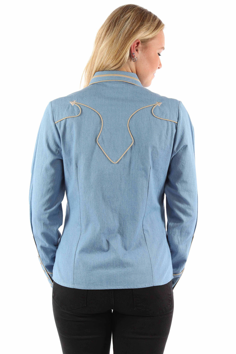 Western Scully 65% polyester 35% rayon Denim Solid blouse w/piping & arrow tips - Scully Leather - Flyclothing LLC