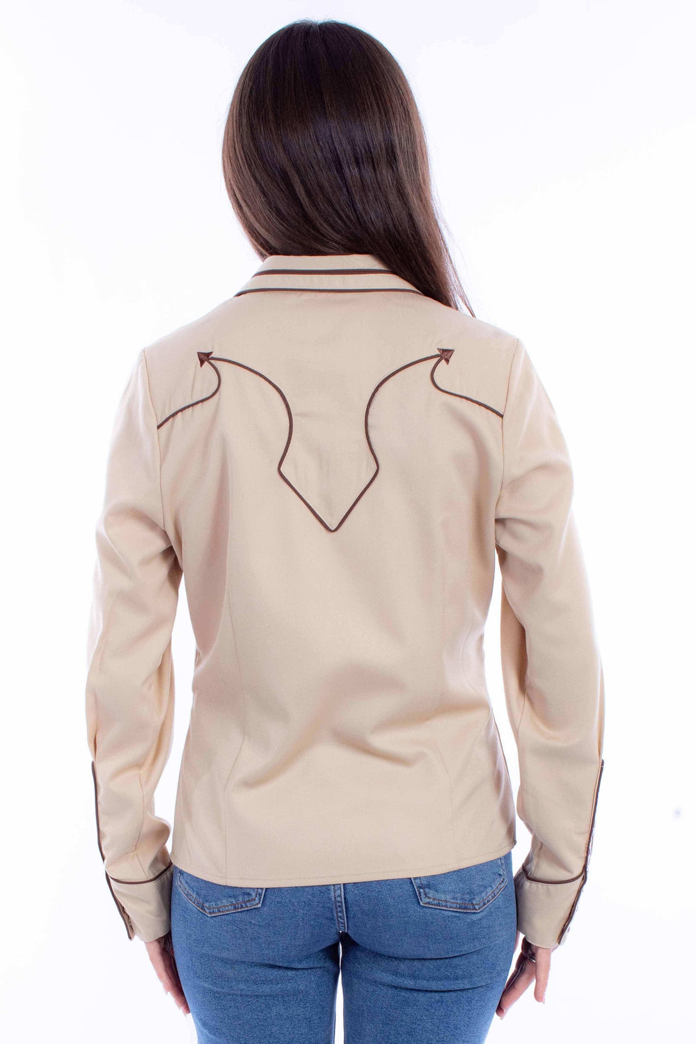 Western Scully 65% polyester 35% rayon Tan Solid blouse w/piping & arrow tips - Scully Leather - Flyclothing LLC