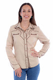 Western Scully 65% polyester 35% rayon Tan Solid blouse w/piping & arrow tips