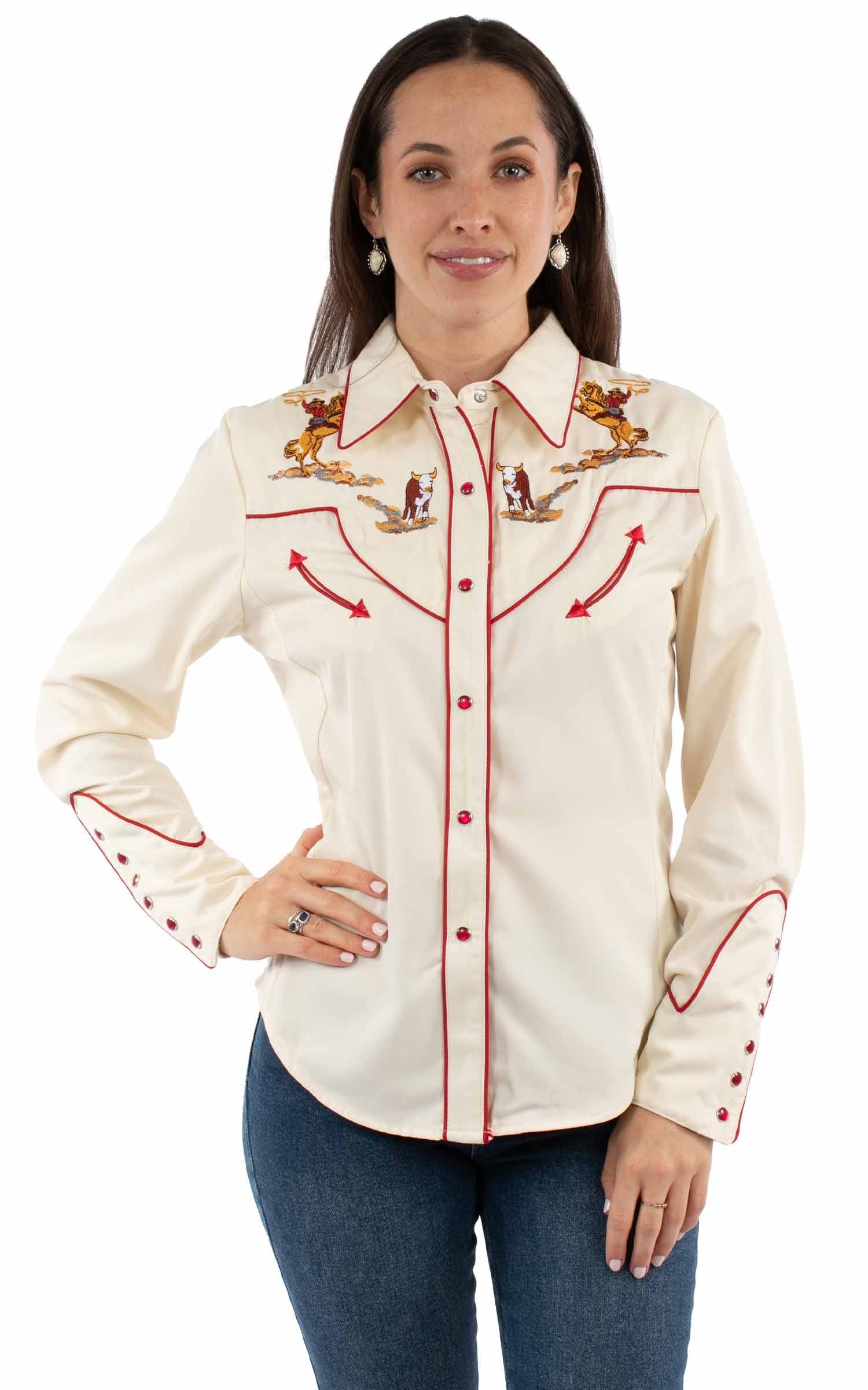 Western Scully 65% polyester 35% rayon Cream Cattle roper emb top