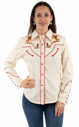 Western Scully 65% polyester 35% rayon Cream Cattle roper emb top - Scully Leather - Flyclothing LLC