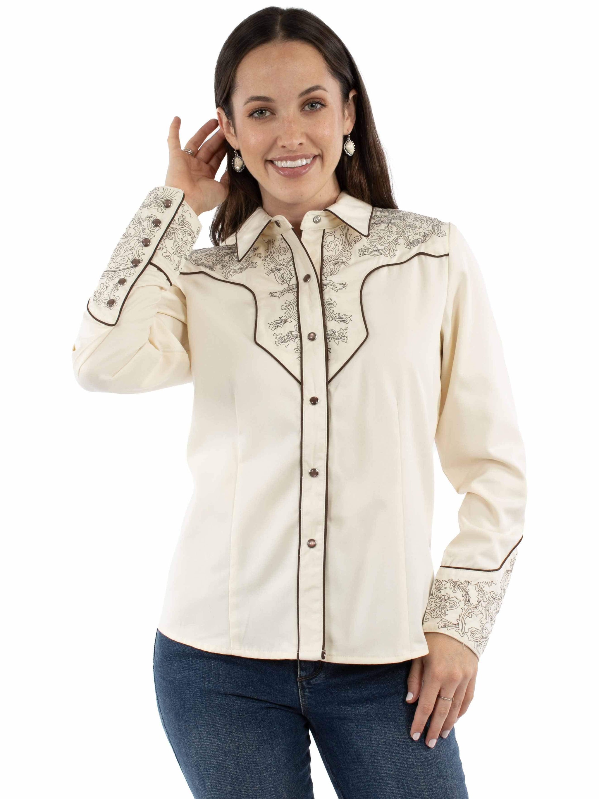 Western Scully 65% polyester 35% rayon Cream Paisley embroidered blouse - Scully Leather - Flyclothing LLC