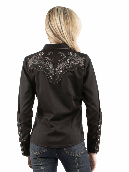 Western Scully 65% polyester 35% rayon Black Emb blouse w/heat transfer design