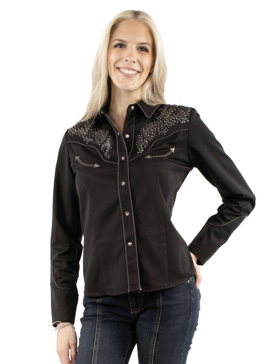 Western Scully 65% polyester 35% rayon Black Emb blouse w/heat transfer design