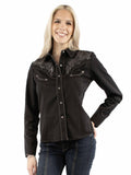 Western Scully 65% polyester 35% rayon Black Emb blouse w/heat transfer design