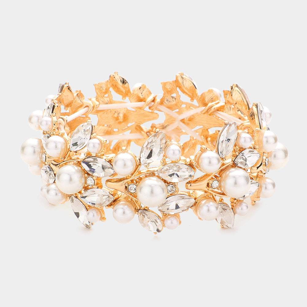 Pearl Embellished Marquise Stone Leaf Stretch Evening Bracelet - Madeline Love - Flyclothing LLC