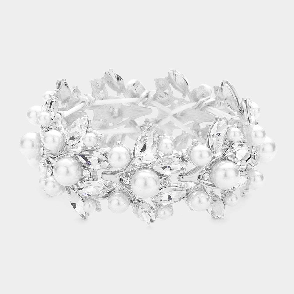 Pearl Embellished Marquise Stone Leaf Stretch Evening Bracelet - Madeline Love - Flyclothing LLC