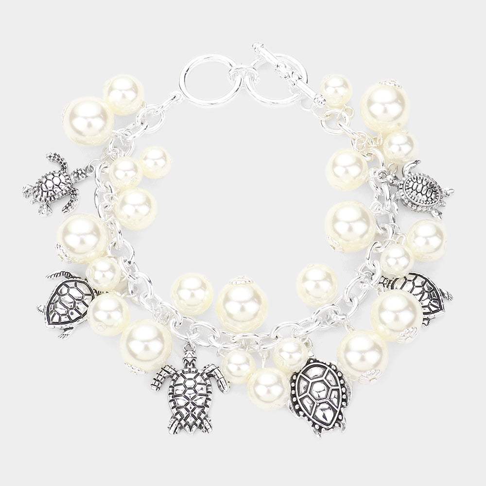 Antique Metal Turtle Charm Station Pearl Toggle Bracelet - Madeline Love - Flyclothing LLC