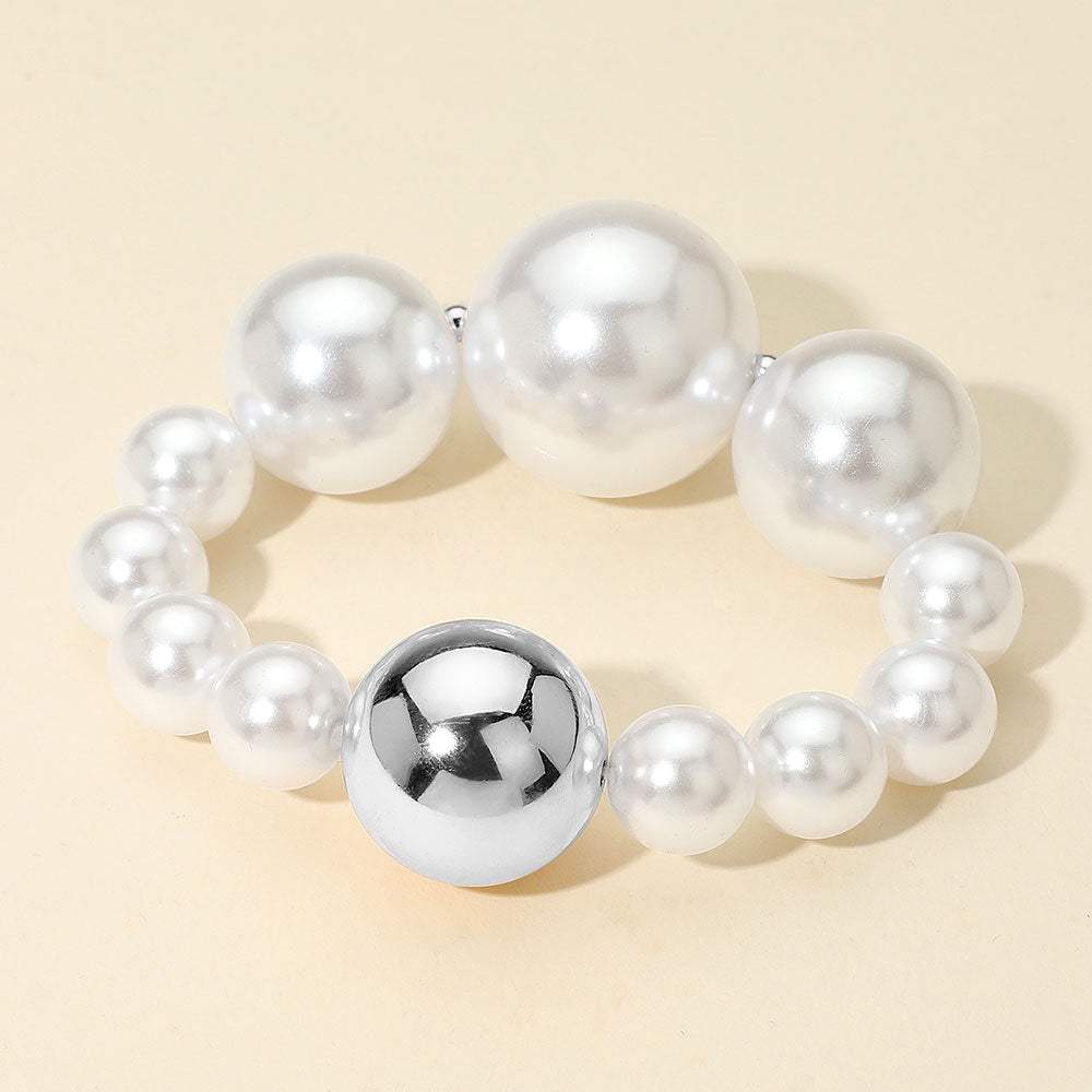 Chunky Metal Ball Accent Pearl Beaded Stretch Bracelet - Madeline Love - Flyclothing LLC