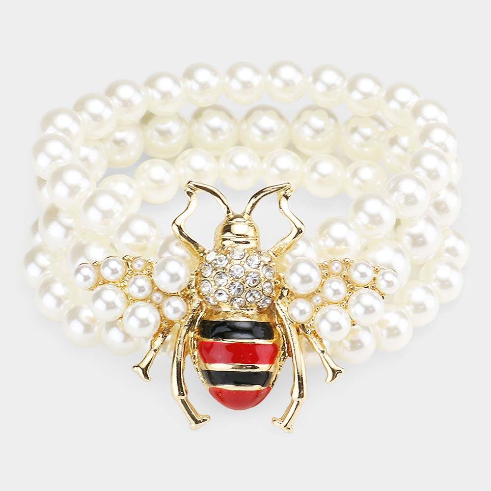 3Rows Pearl Honey Bee Accented Stretch Bracelet - Madeline Love - Flyclothing LLC
