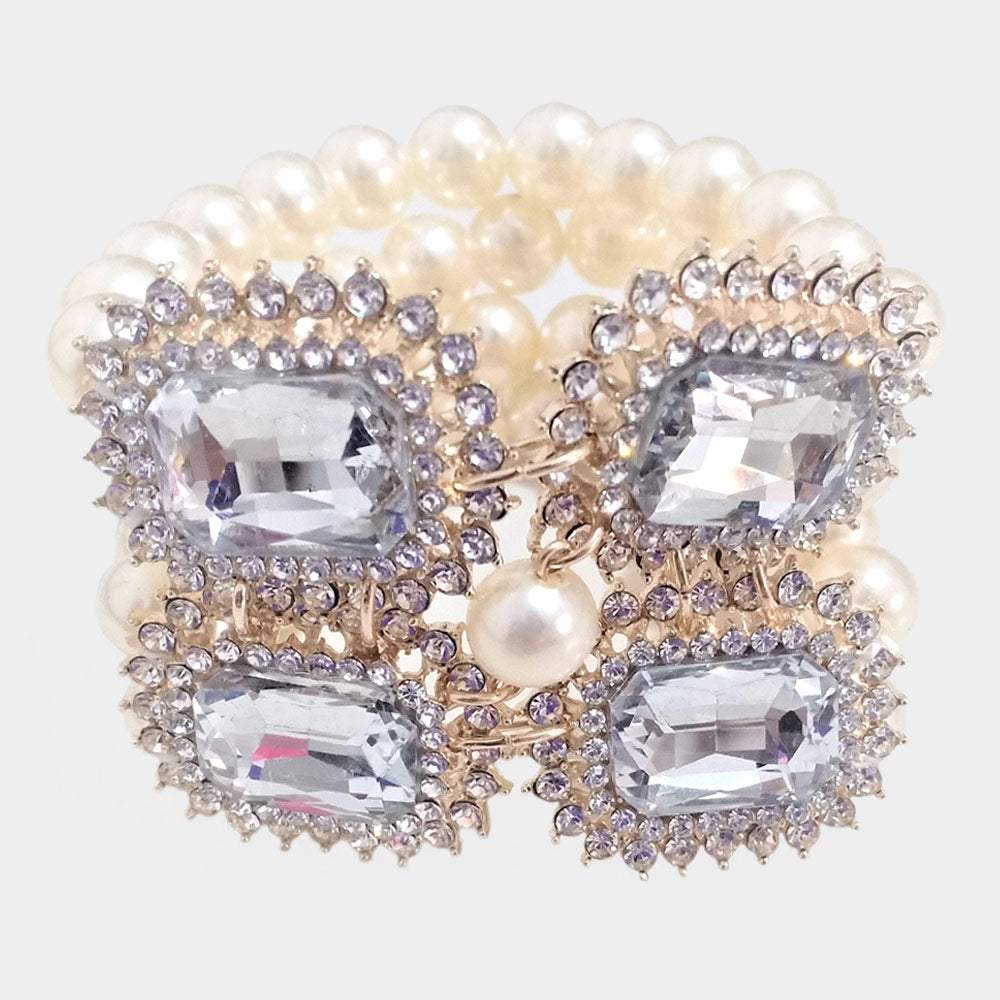 Stone Accented Multi Layered Pearl Stretch Bracelet - Madeline Love - Flyclothing LLC