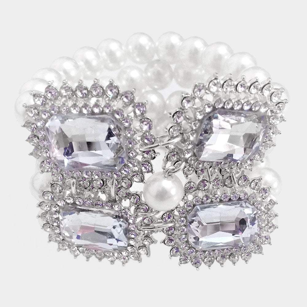 Stone Accented Multi Layered Pearl Stretch Bracelet - Madeline Love - Flyclothing LLC