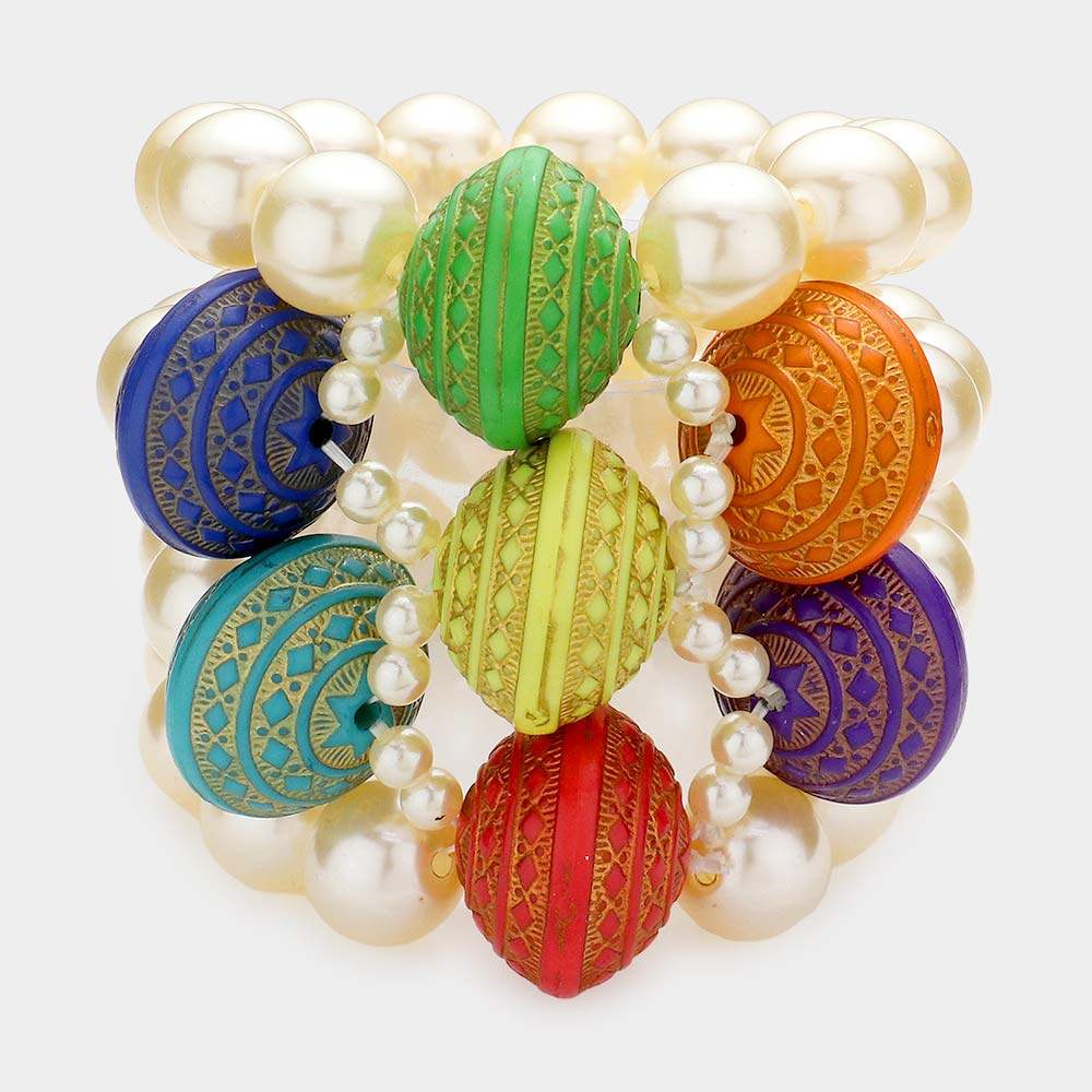 Colorful Wood Pointed Multi Layered Pearl Stretch Bracelet - Madeline Love - Flyclothing LLC