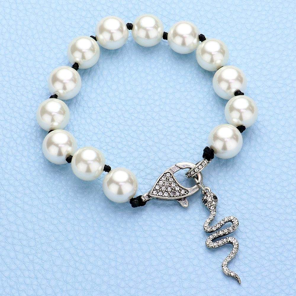 Pave Snake Pendant Pearl Bracelet - Madeline Love - Flyclothing LLC