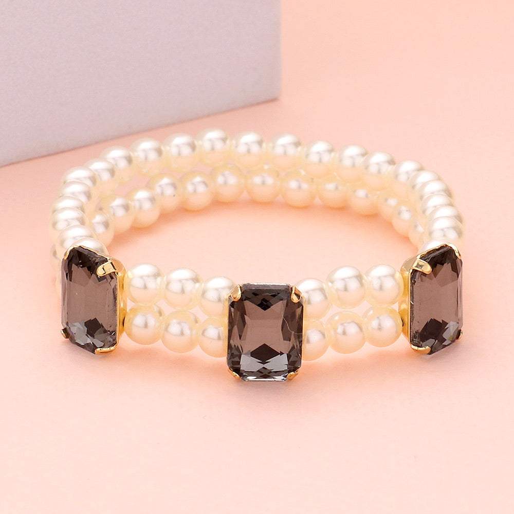 Rectangle Stone Accented Pearl Stretch Bracelet - Madeline Love - Flyclothing LLC