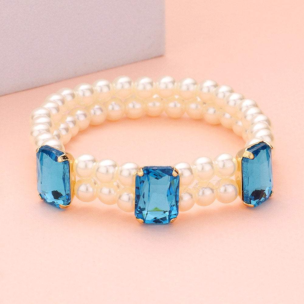 Rectangle Stone Accented Pearl Stretch Bracelet - Madeline Love - Flyclothing LLC