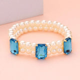 Rectangle Stone Accented Pearl Stretch Bracelet - Madeline Love - Flyclothing LLC