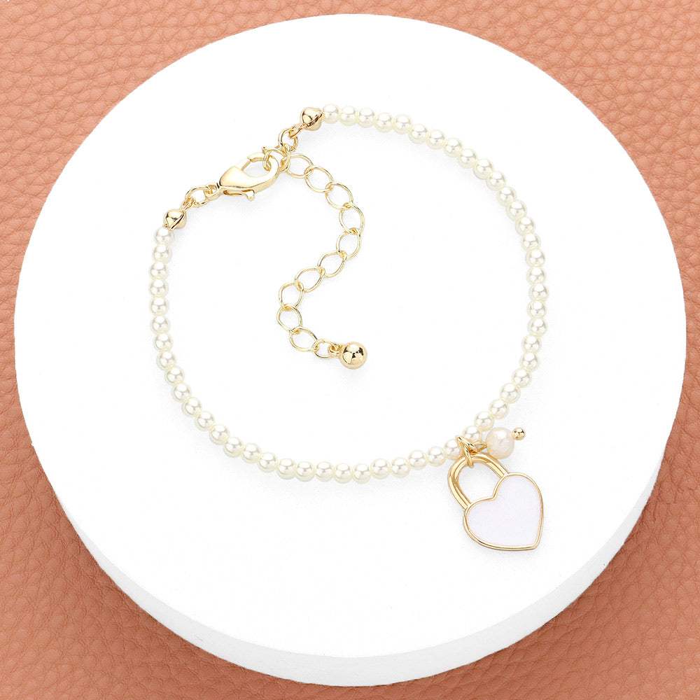 Enamel Heart Charm Pendant Pearl Bracelet - Madeline Love - Flyclothing LLC