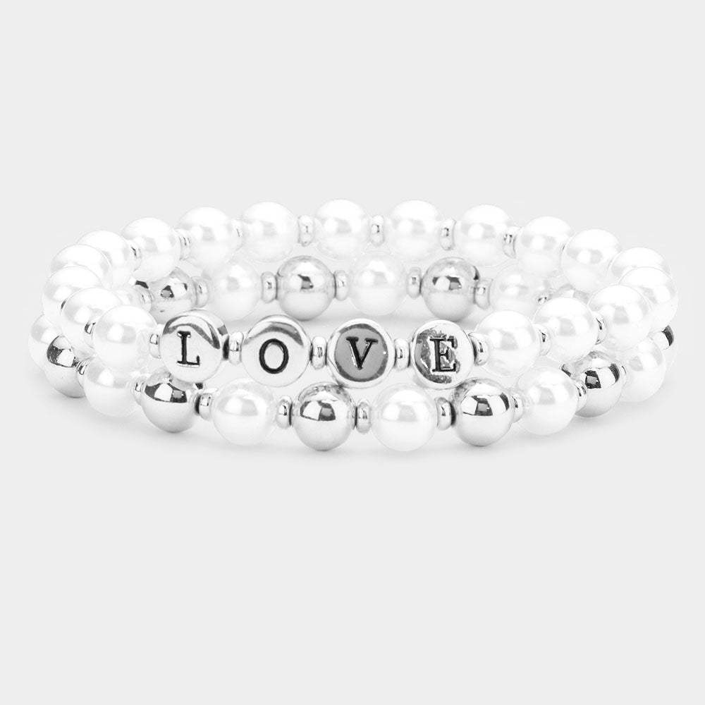 2PCS - LOVE Pearl Metal Ball Stretch Message Bracelets - Madeline Love - Flyclothing LLC