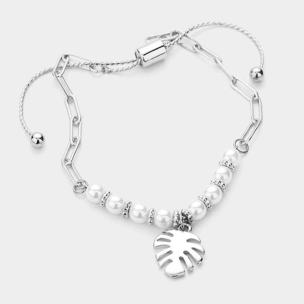 Pearl Metal Tropical Leaf Charm Adjustable Pull Tie Bracelet - Madeline Love - Flyclothing LLC