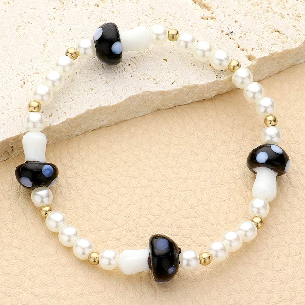 Mushroom Accented Pearl Stretch Bracelet - Madeline Love - Flyclothing LLC