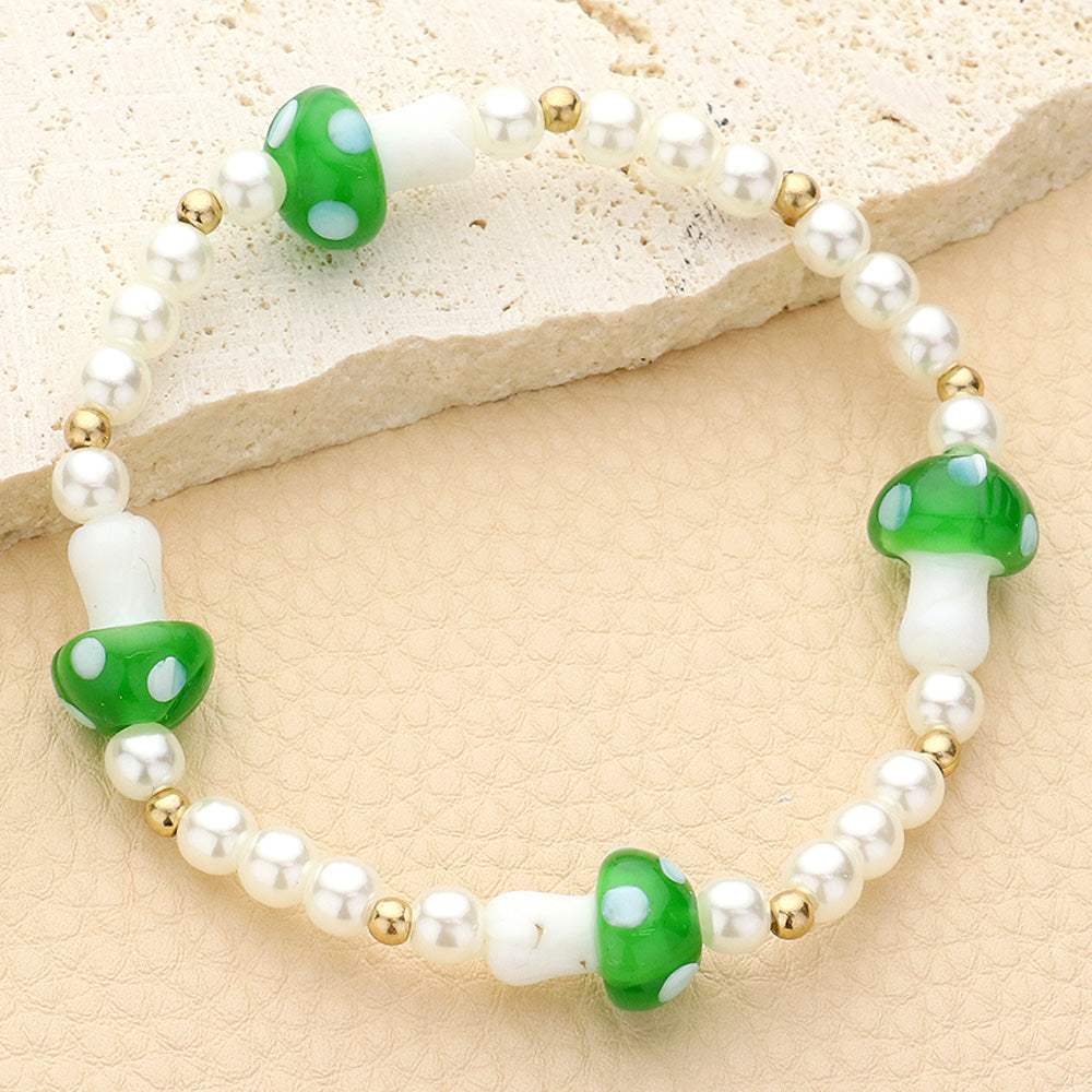 Mushroom Accented Pearl Stretch Bracelet - Madeline Love - Flyclothing LLC