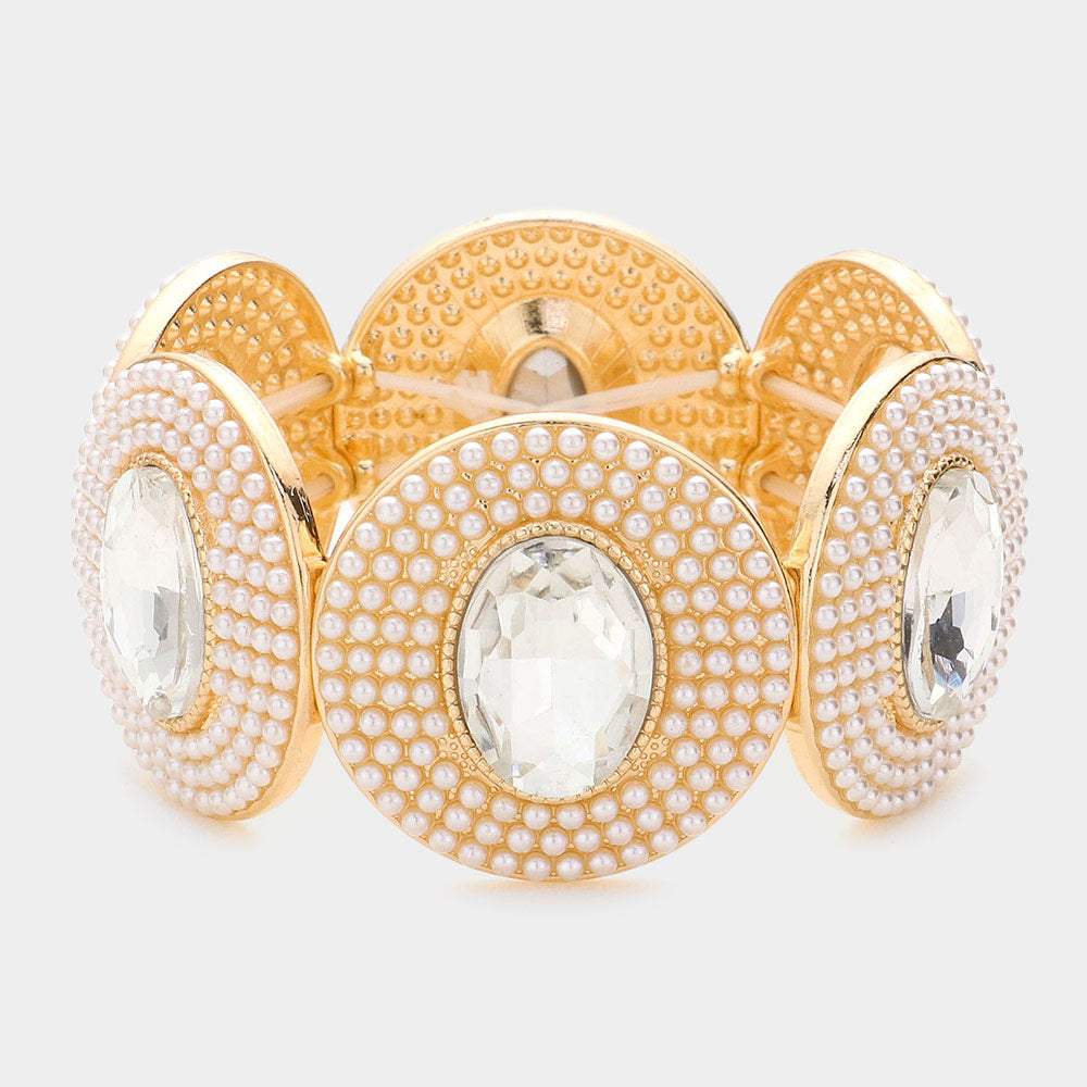 Oval Stone Centered Pearl Cluster Stretch Bracelet - Madeline Love - Flyclothing LLC