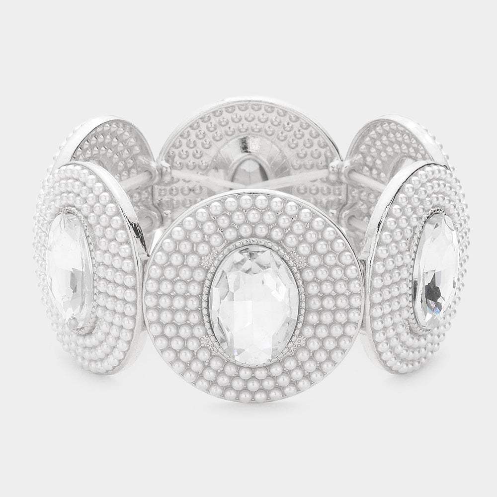 Oval Stone Centered Pearl Cluster Stretch Bracelet - Madeline Love - Flyclothing LLC