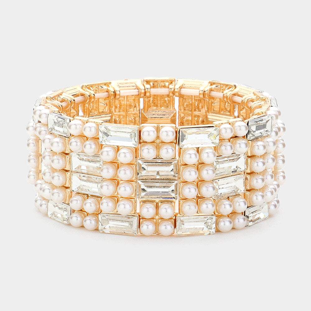 Baguette Glass Stone Pointed Pearl Embellished Stretch Bracelet - Madeline Love - Flyclothing LLC
