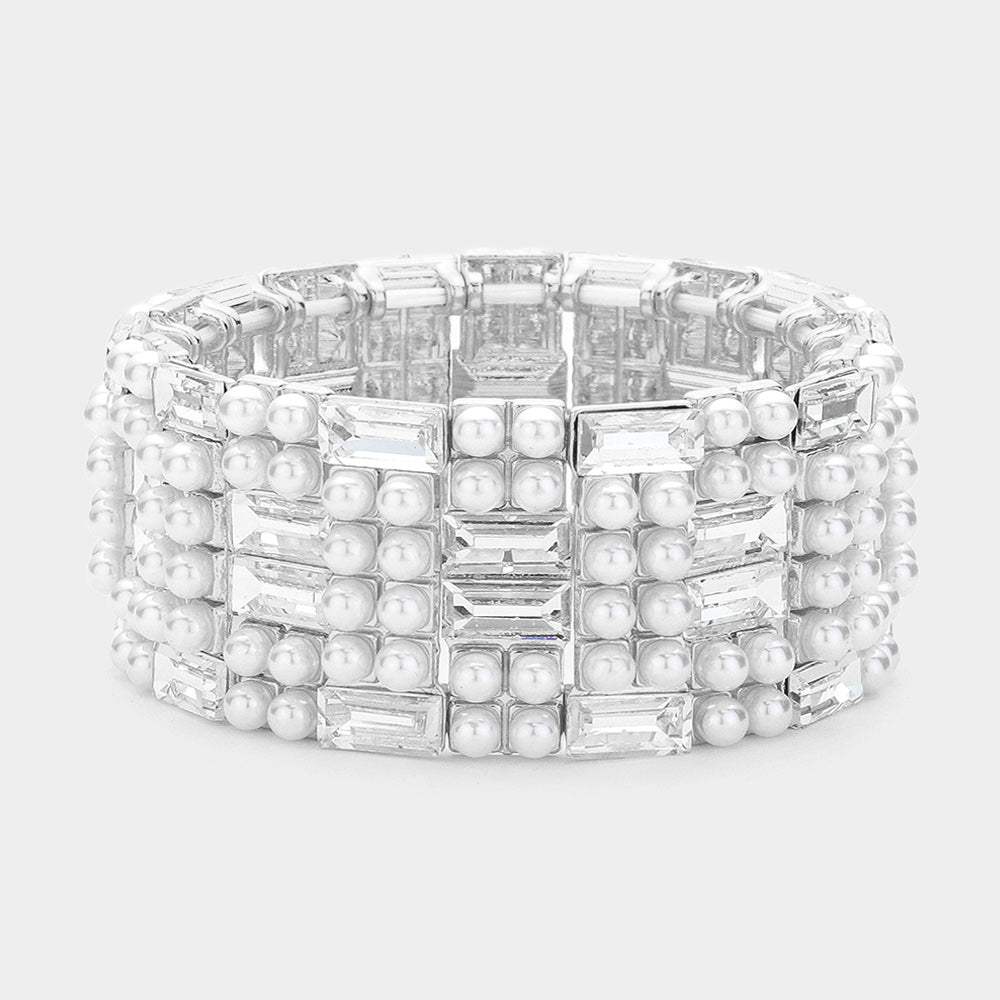 Baguette Glass Stone Pointed Pearl Embellished Stretch Bracelet - Madeline Love - Flyclothing LLC