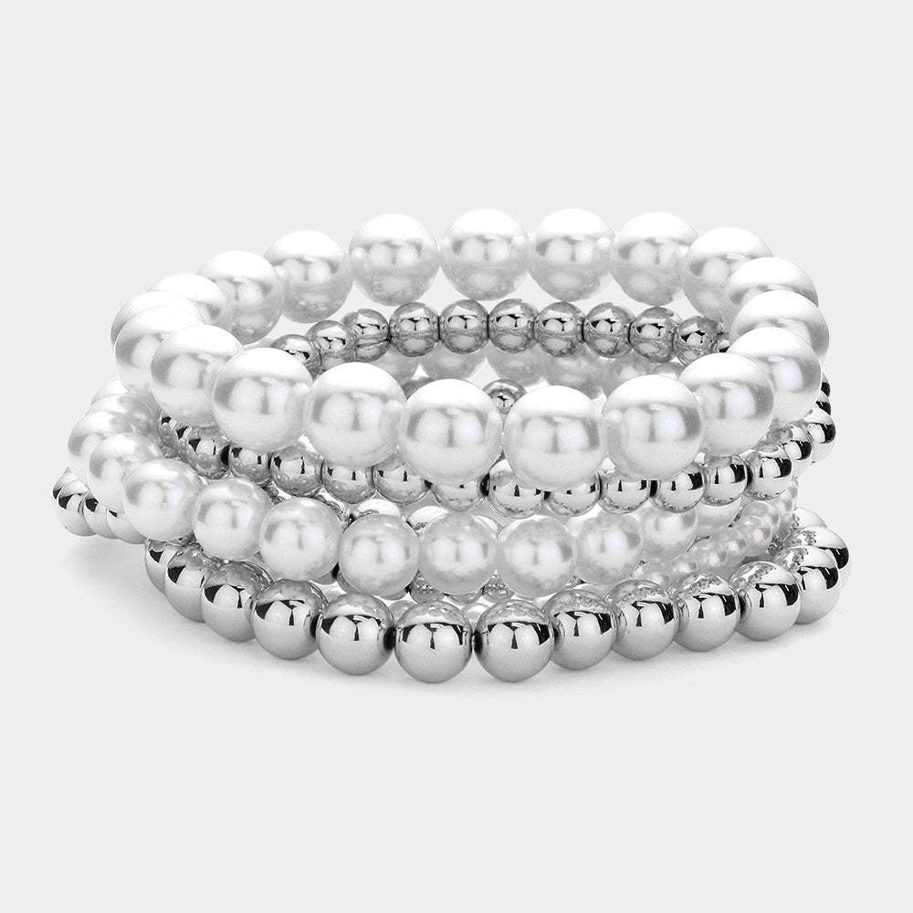 7PCS - Pearl Metal Ball Stretch Multi Layered Bracelets - Madeline Love - Flyclothing LLC