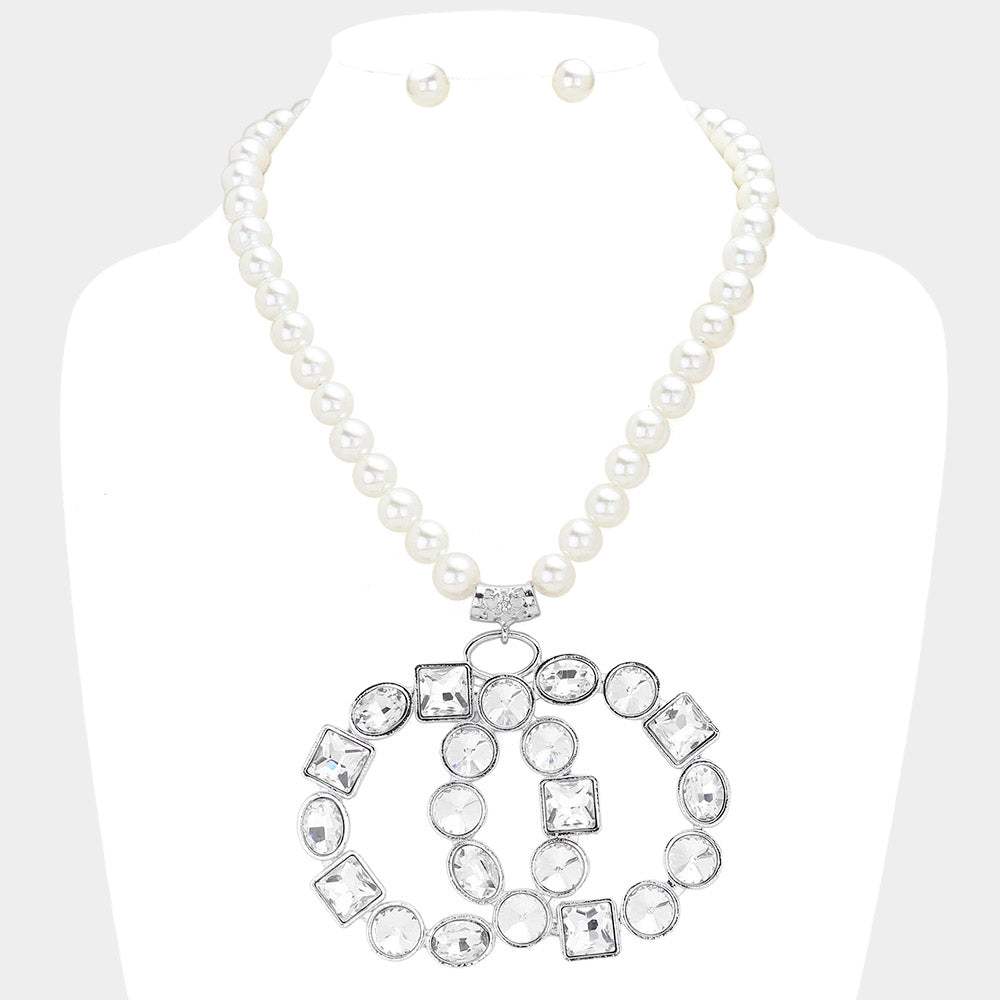 Multi Stone Embellished Double Open Circle Link Pendant Pearl Necklace - Madeline Love - Flyclothing LLC