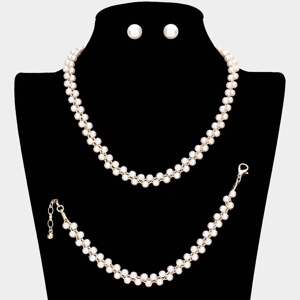 3PCS Braided Chain Pearl Necklace Jewelry Set - Madeline Love - Flyclothing LLC