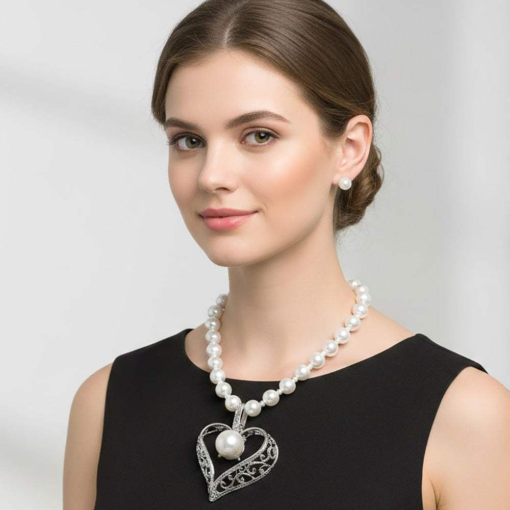 Bold Pearl Accent Heart Pendant Chunky Pearl Necklace - Madeline Love - Flyclothing LLC