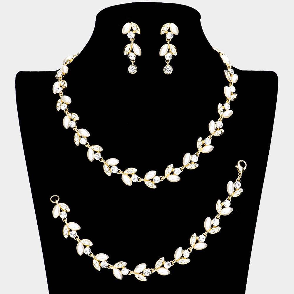 3PCS Crystal Rhinestone Pearl Leaf Cluster Necklace Set - Madeline Love - Flyclothing LLC