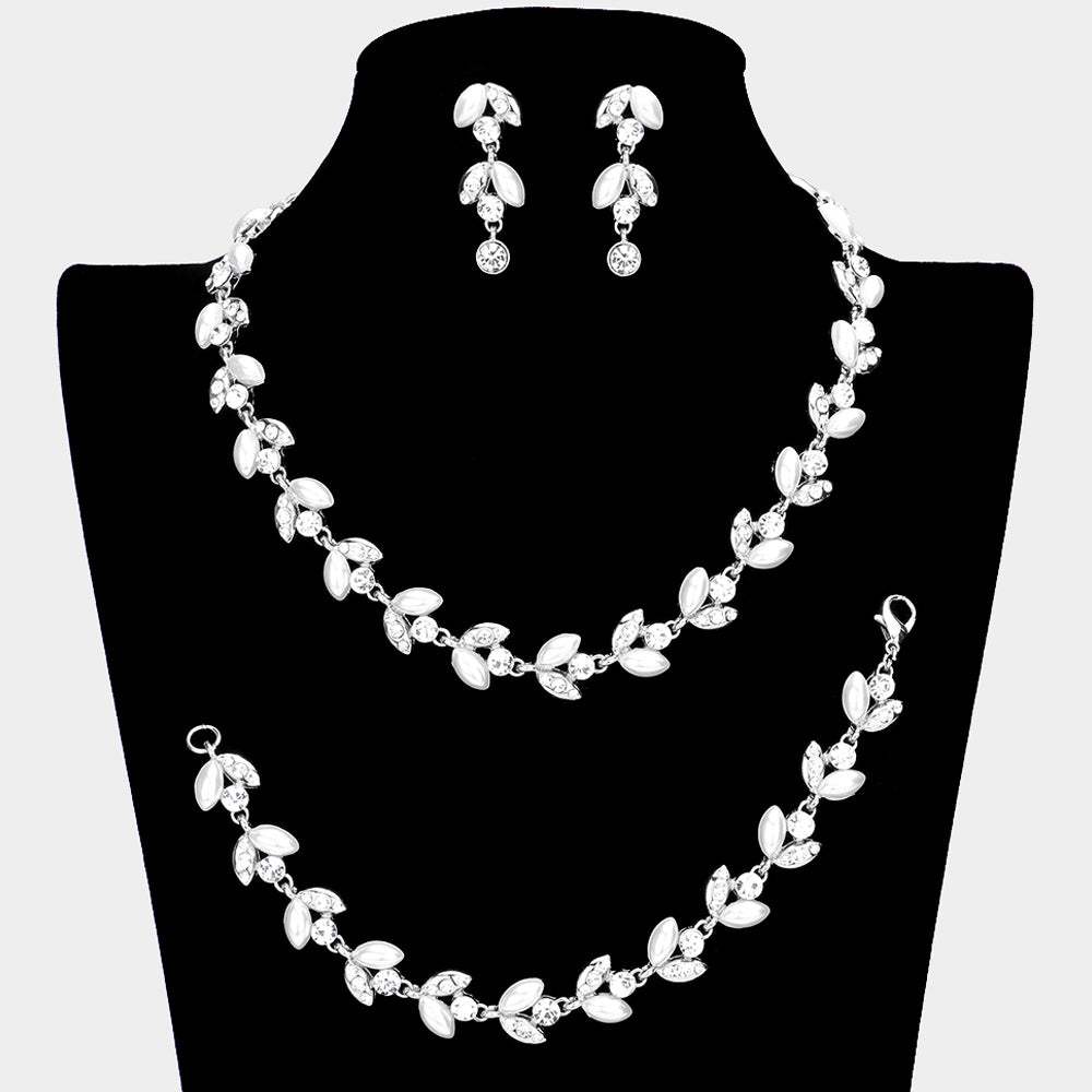 3PCS Crystal Rhinestone Pearl Leaf Cluster Necklace Set - Madeline Love - Flyclothing LLC