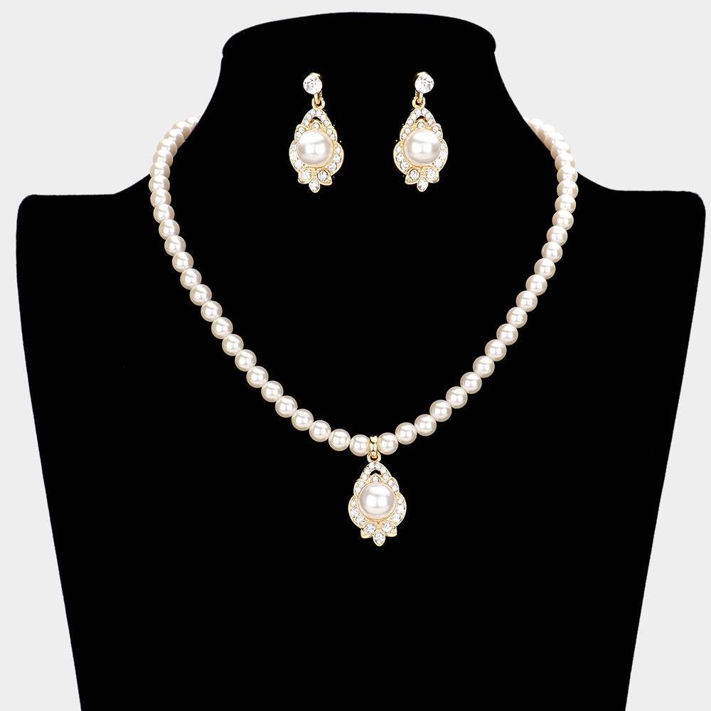 Pearl Centered Rhinestone Embellished Pendant Necklace - Madeline Love - Flyclothing LLC