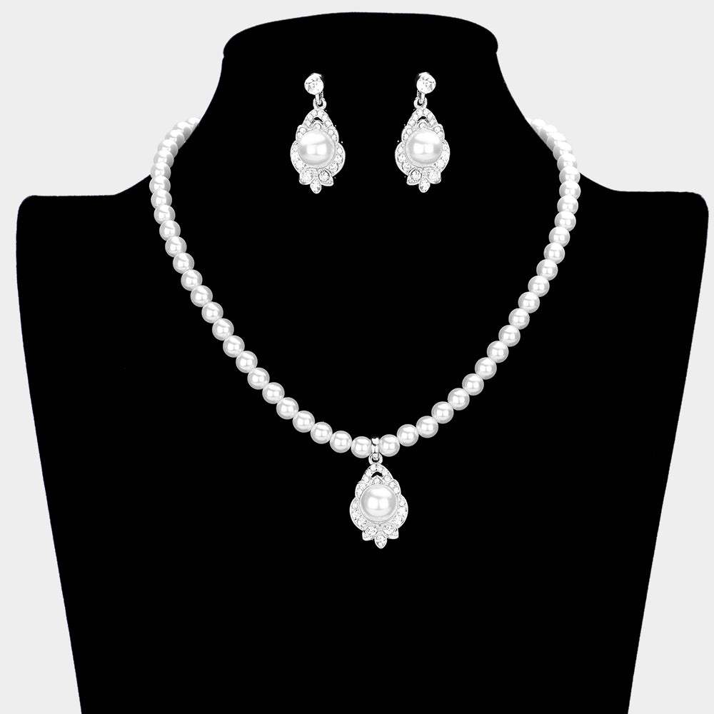 Pearl Centered Rhinestone Embellished Pendant Necklace - Madeline Love - Flyclothing LLC
