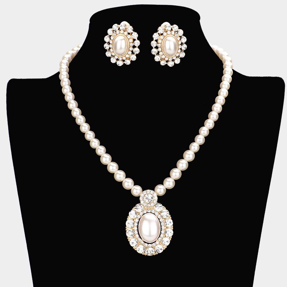 Oval Pearl Centered Bubble Stone Trimmed Pendant Necklace Clip On Earring Set - Madeline Love - Flyclothing LLC