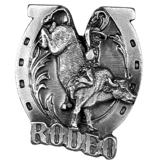 Bull Rider with Horseshoe Background Antiqued Lapel Pin - Siskiyou Originals - Flyclothing LLC
