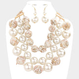 Tweed Fabric Ball Pearl Triple Layered Bib Necklace - Madeline Love - Flyclothing LLC