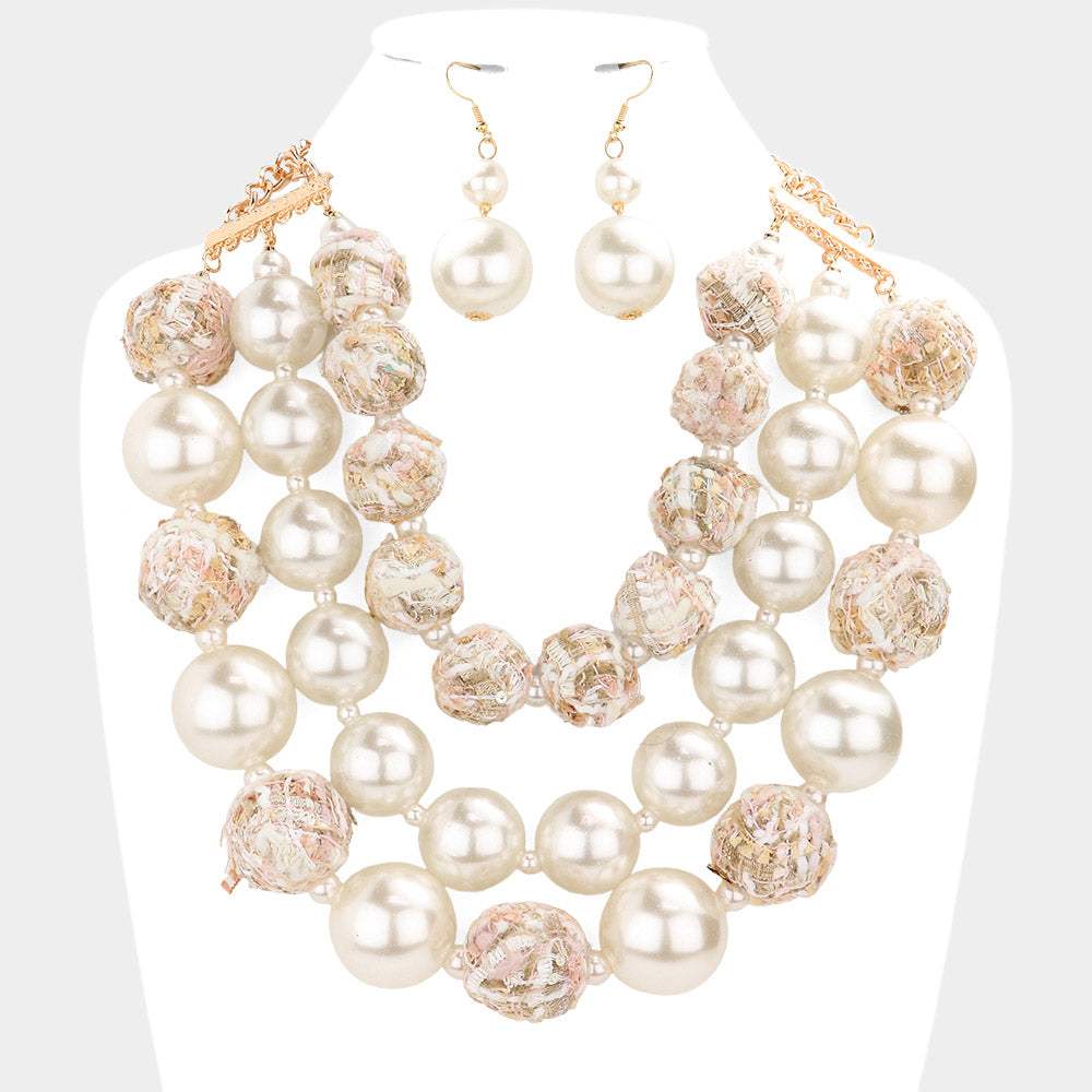 Tweed Fabric Ball Pearl Triple Layered Bib Necklace - Madeline Love - Flyclothing LLC