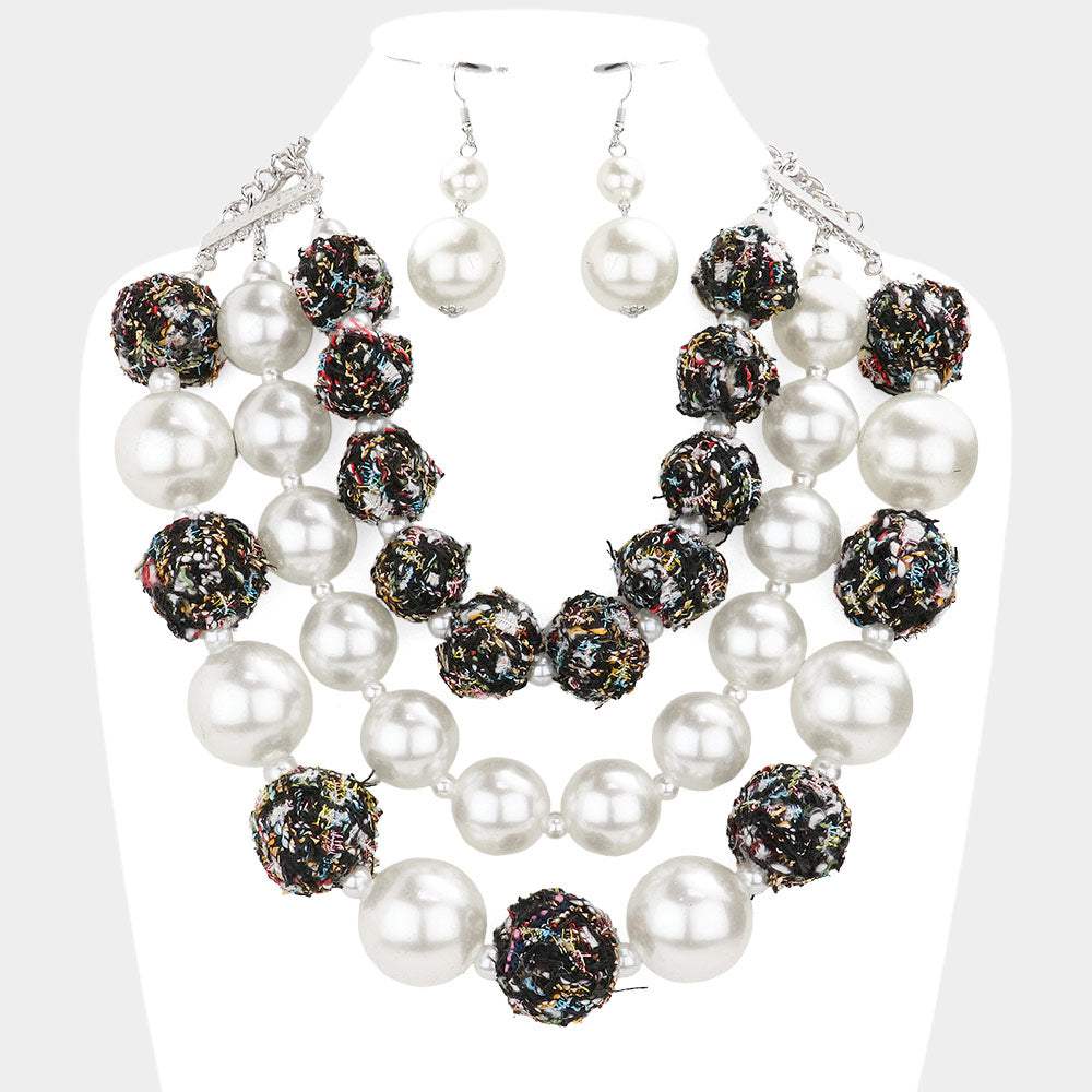 Tweed Fabric Ball Pearl Triple Layered Bib Necklace - Madeline Love - Flyclothing LLC