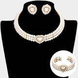 3PCS - Pearl Heart Pendant 3-Row Choker Necklace Jewelry Set - Madeline Love - Flyclothing LLC