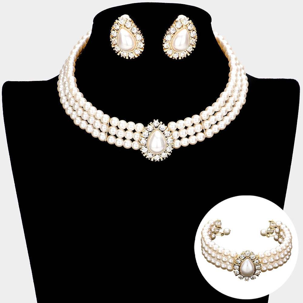 3PCS Teardrop 3-Row Pearl Choker Necklace Jewelry Set - Madeline Love - Flyclothing LLC